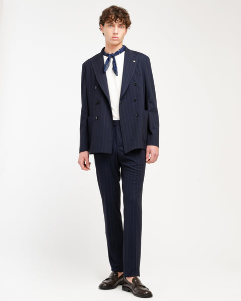 blue double breasted pinstriped viscose blend jersey suit