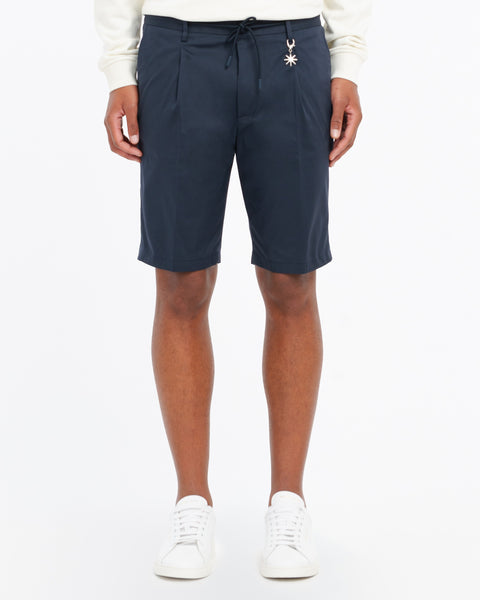 blue stretch cotton blend twill jogging shorts