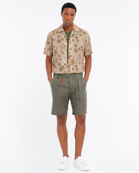 green relaxed washed linen bermuda shorts