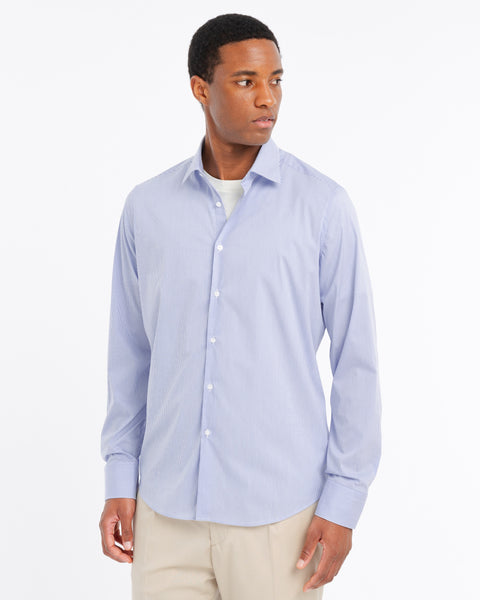 sky blue stretch cotton blend striped shirt