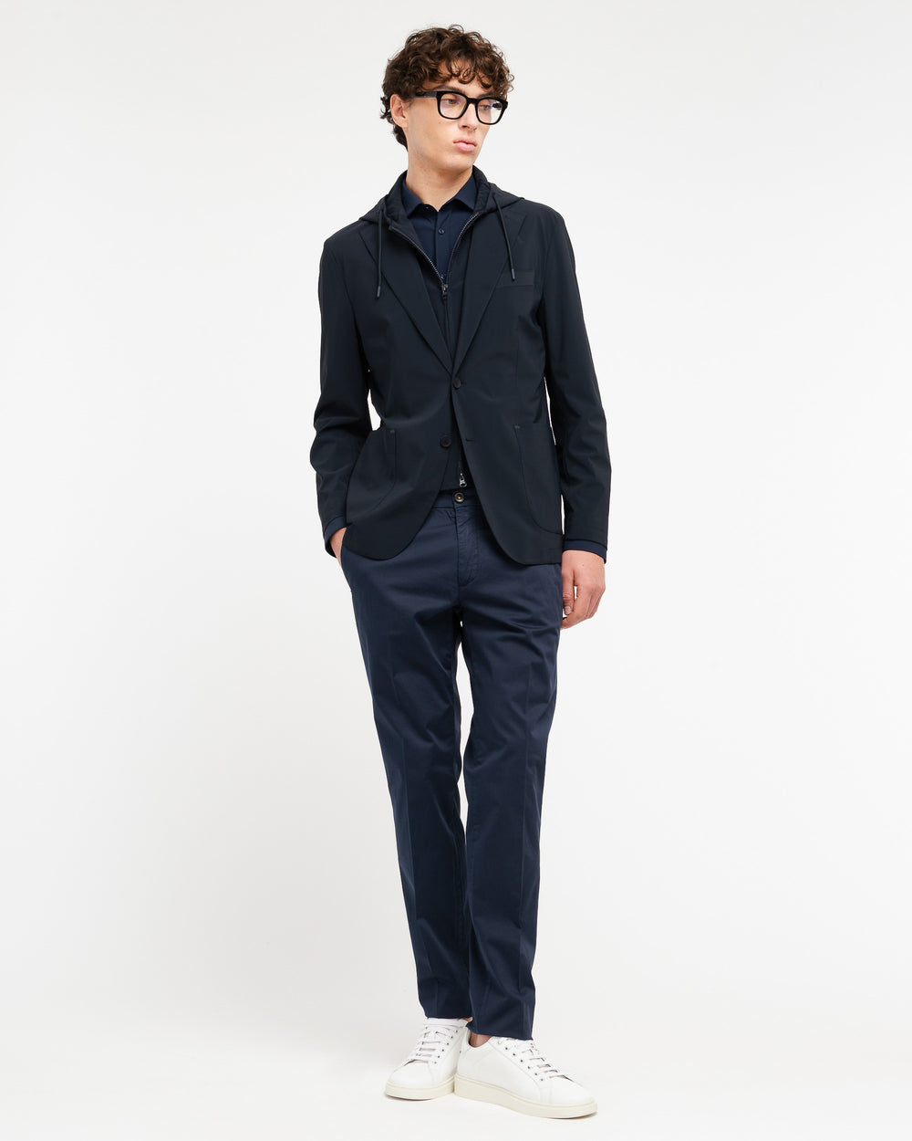 blue technical stretch hooded blazer