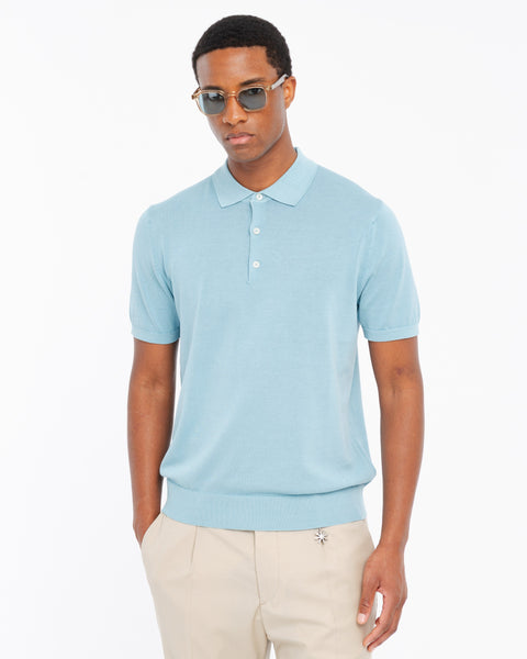 sky blue cotton knit polo shirt