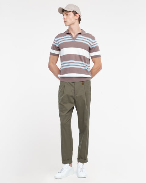 brown open collar multi stripe polo shirt in brushed cotton
