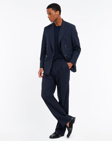 blue relaxed fit double pleat trousers in cool stretch wool