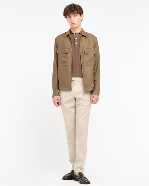 beige slim fit micro textured stretch cotton trousers