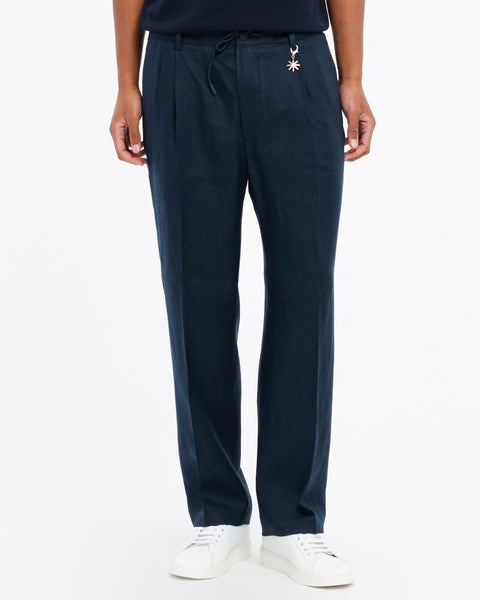 blue relaxed drawstring chinos in linen