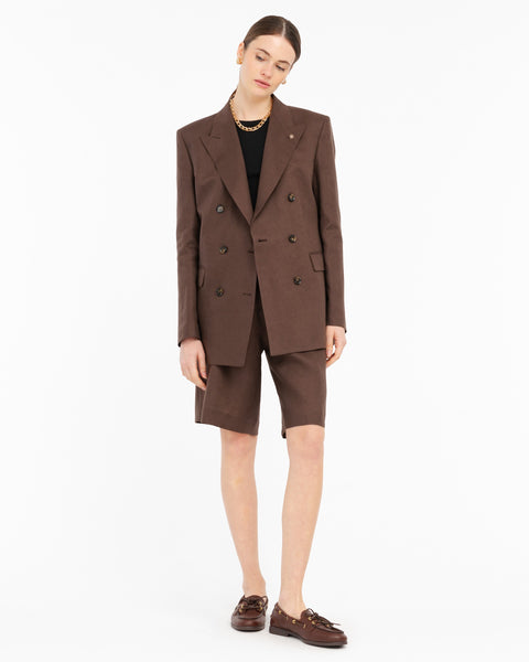 brown double breasted pure linen blazer