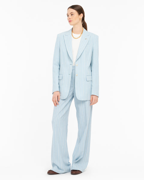 sky blue cotton blend striped blazer