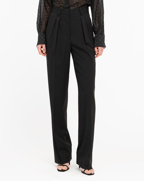 black stretch double pleat trousers