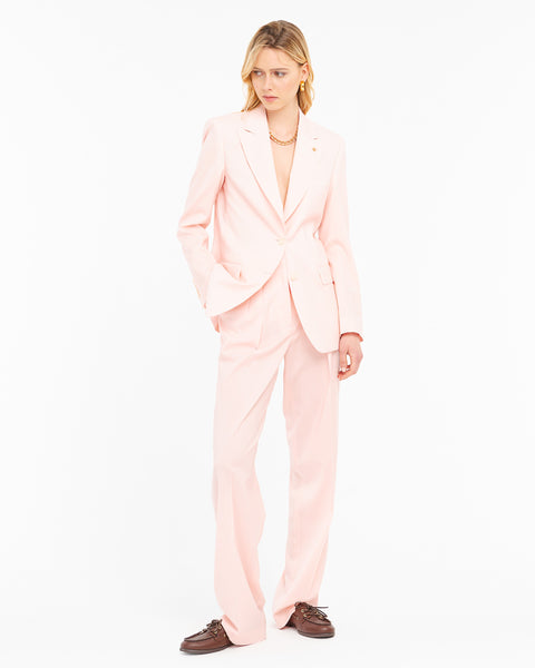 pink double pleated trousers in cool stretch wool